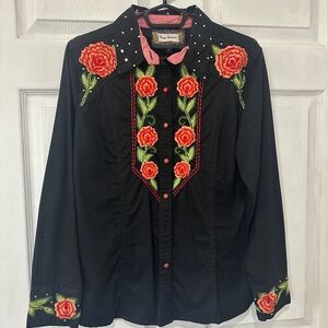 Black Floral Embroidered Button Down Shirt